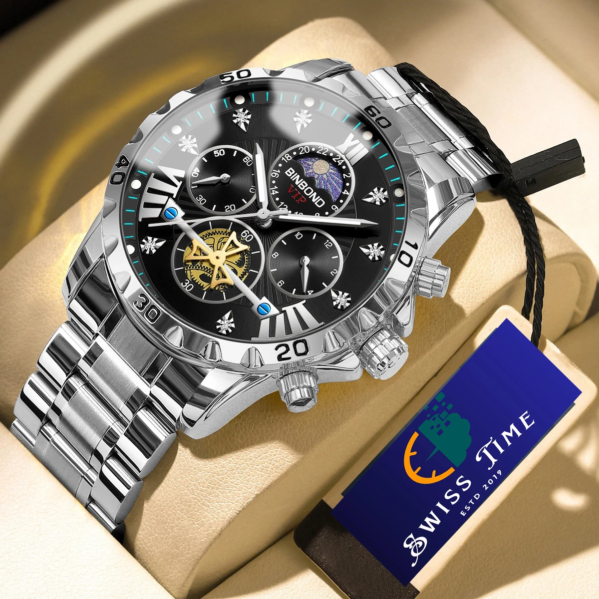 BINBOND W177 Top Brand Men Watch High end Authentic Business Night Light Waterproof Flywheel Gold Steel Belt Male Fashion Quartz Wristwatch- Silver & Black