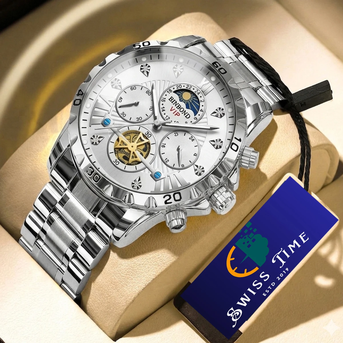 BINBOND W177 Top Brand Men Watch High end Authentic Business Night Light Waterproof Flywheel Gold Steel Belt Male Fashion Quartz Wristwatch- Silver