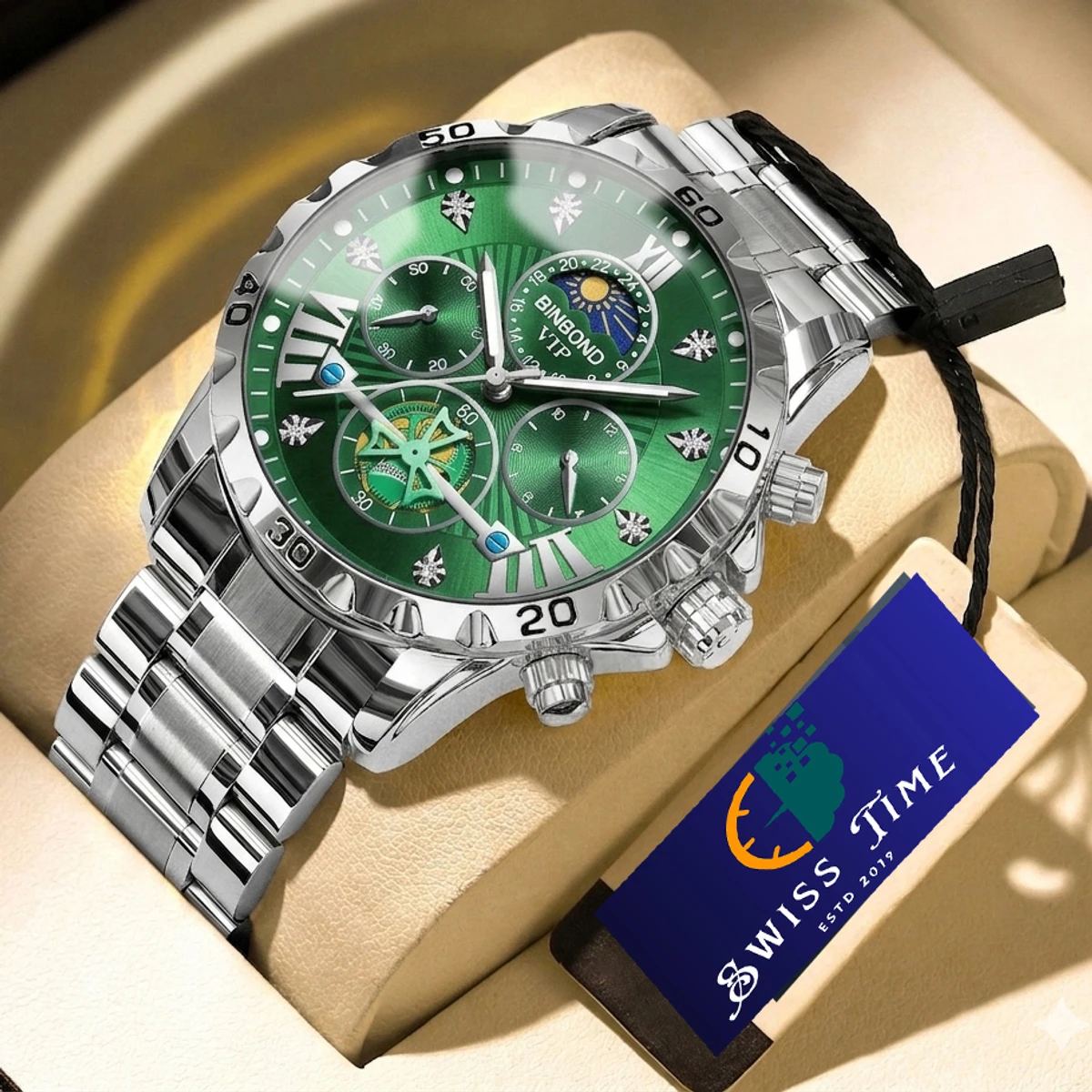 BINBOND W177 Top Brand Men Watch High end Authentic Business Night Light Waterproof Flywheel Gold Steel Belt Male Fashion Quartz Wristwatch- Green