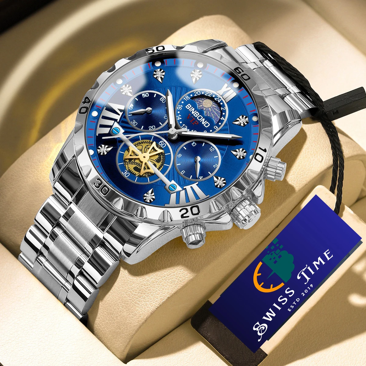 BINBOND W177 Top Brand Men Watch High end Authentic Business Night Light Waterproof Flywheel Gold Steel Belt Male Fashion Quartz Wristwatch- Blue