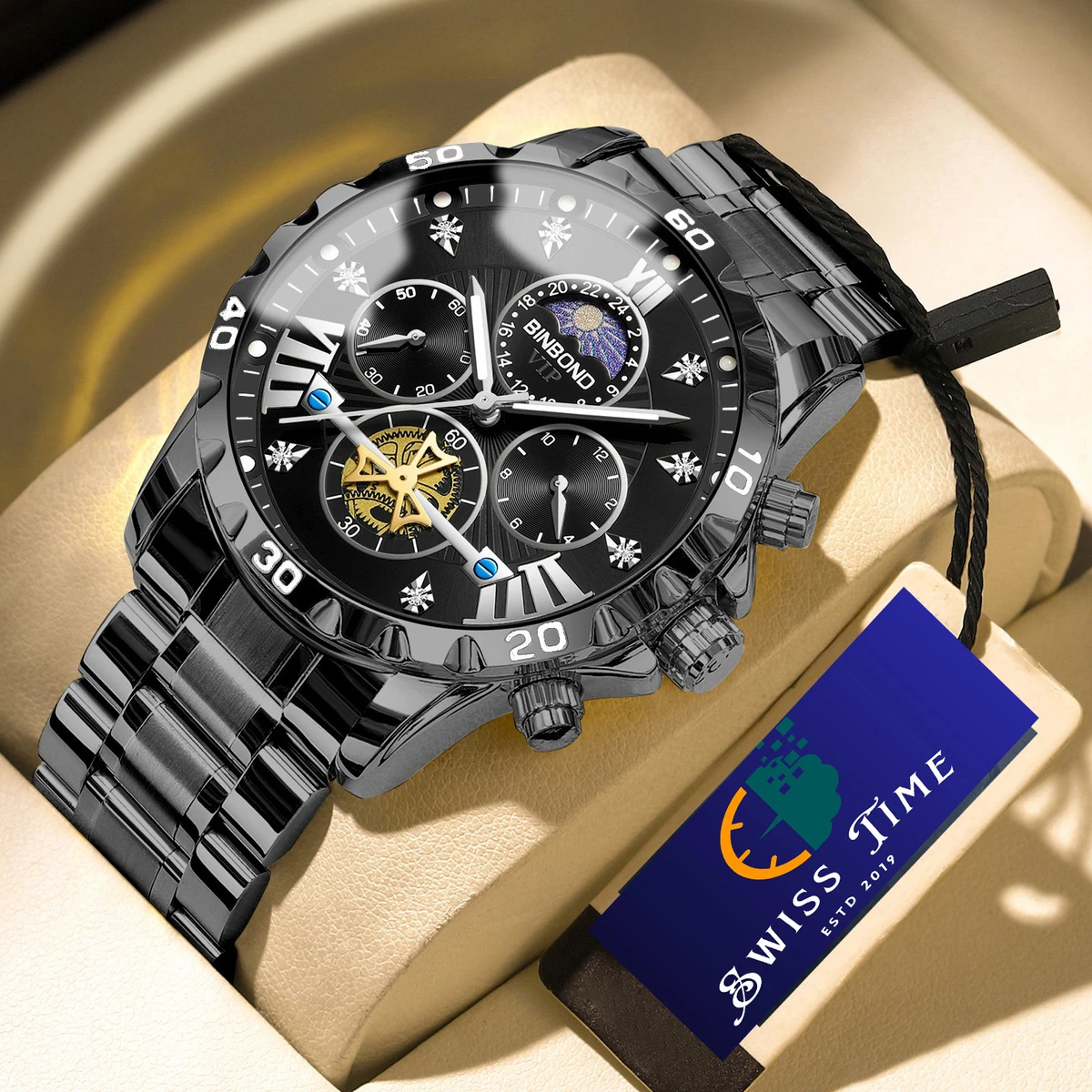 BINBOND W177 Top Brand Men Watch High end Authentic Business Night Light Waterproof Flywheel Gold Steel Belt Male Fashion Quartz Wristwatch- Black