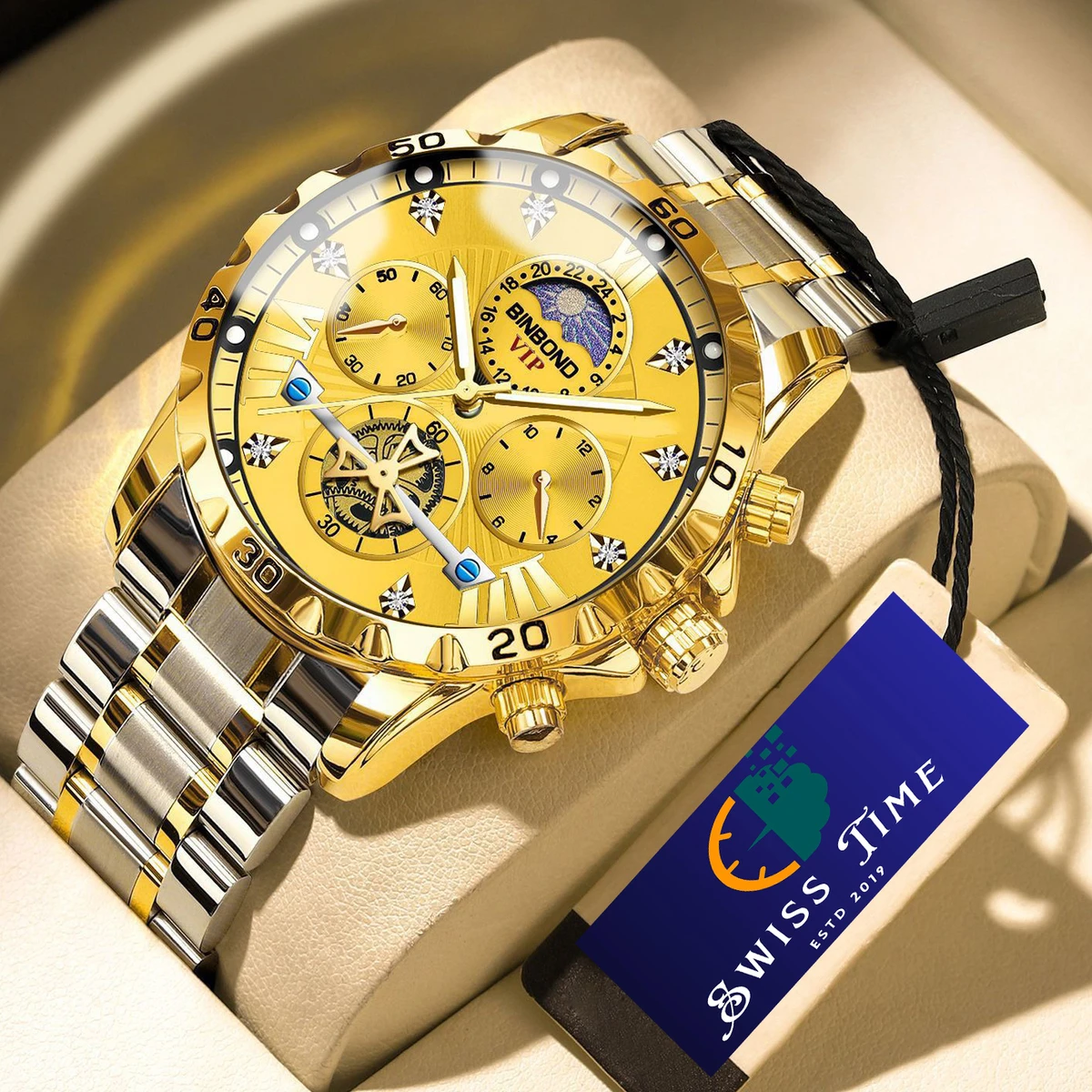 BINBOND W177 Top Brand Men Watch High end Authentic Business Night Light Waterproof Flywheel Gold Steel Belt Male Fashion Quartz Wristwatch- Golden