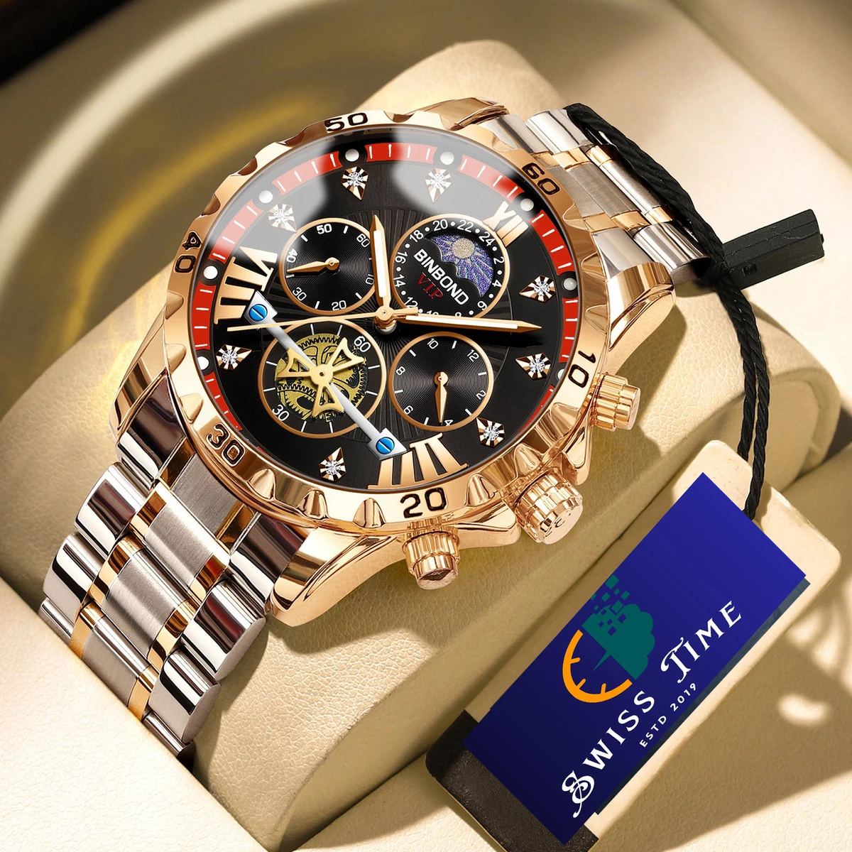 BINBOND W177 Top Brand Men Watch High end Authentic Business Night Light Waterproof Flywheel Gold Steel Belt Male Fashion Quartz Wristwatch- Golden & Black