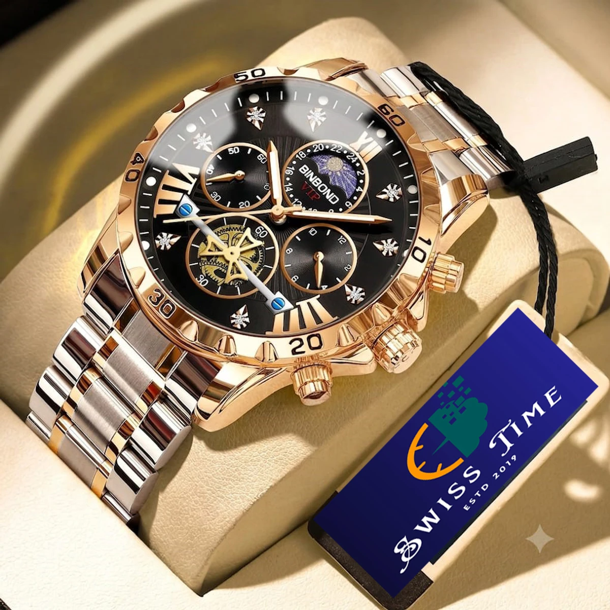 BINBOND W177 Top Brand Men Watch High end Authentic Business Night Light Waterproof Flywheel Gold Steel Belt Male Fashion Quartz Wristwatch- Golden & Black