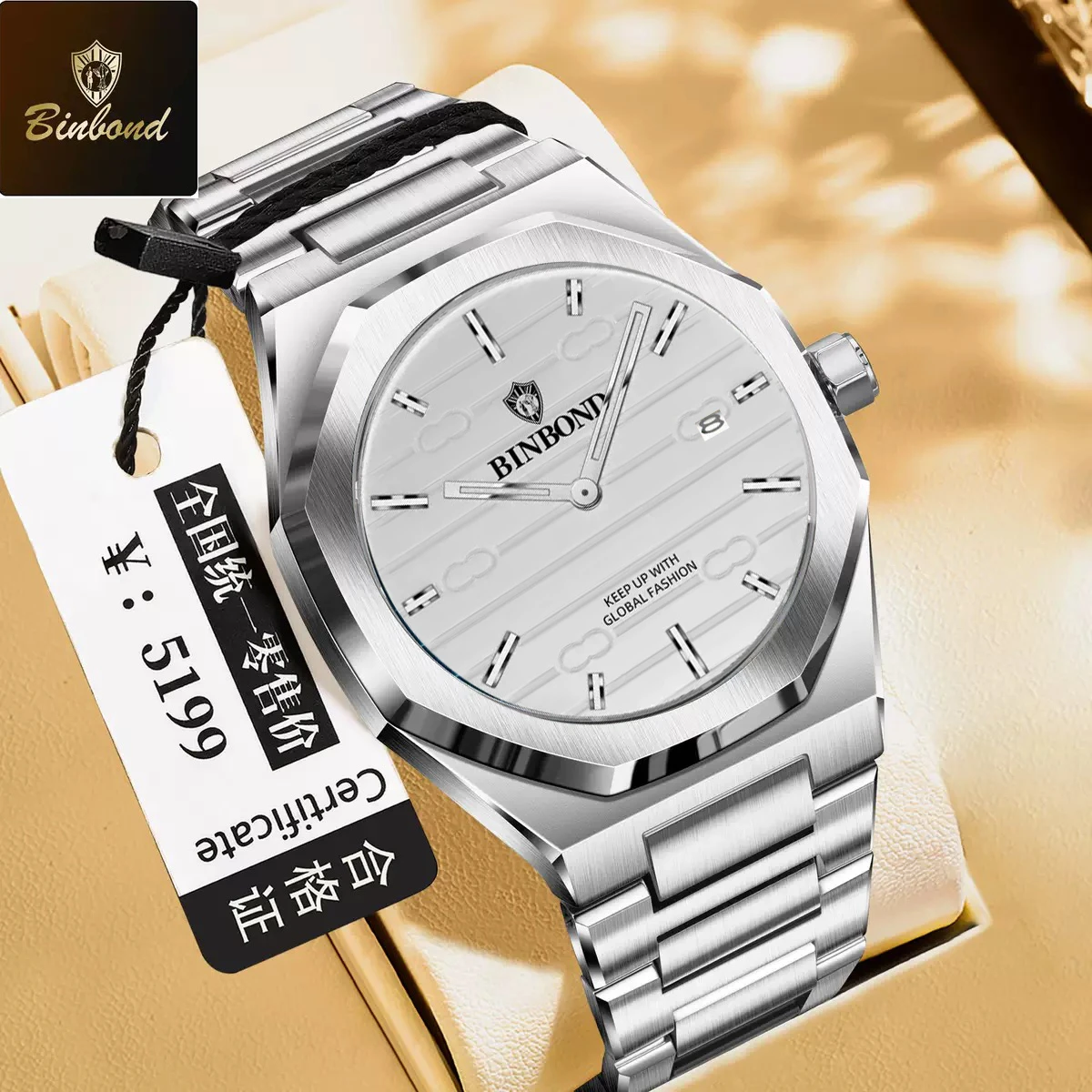 BINBOND 818 Brand Casual Men's Quartz Watch Octagonal Waterproof Night Light Luxurious And Fashionable Men's Quartz Watch- Silver