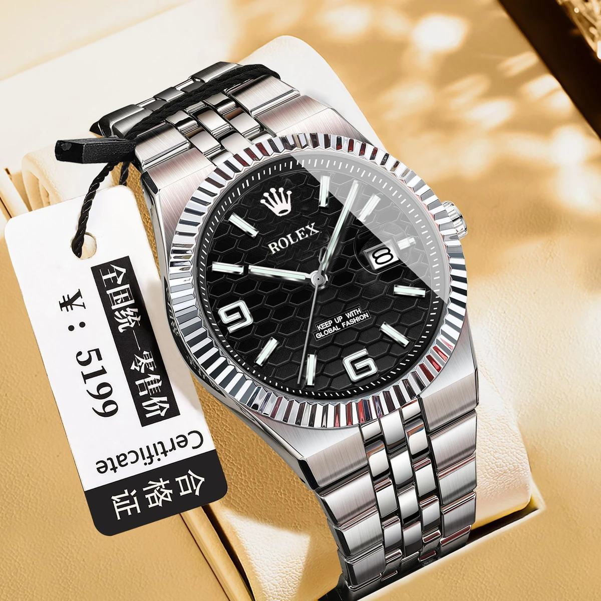 ROLE_X High Quality Original Men Clock Waterproof Luminous Date Luxury Man Watch Stainless Steel Quartz Men's Watches Male+Box- SIlver & Black