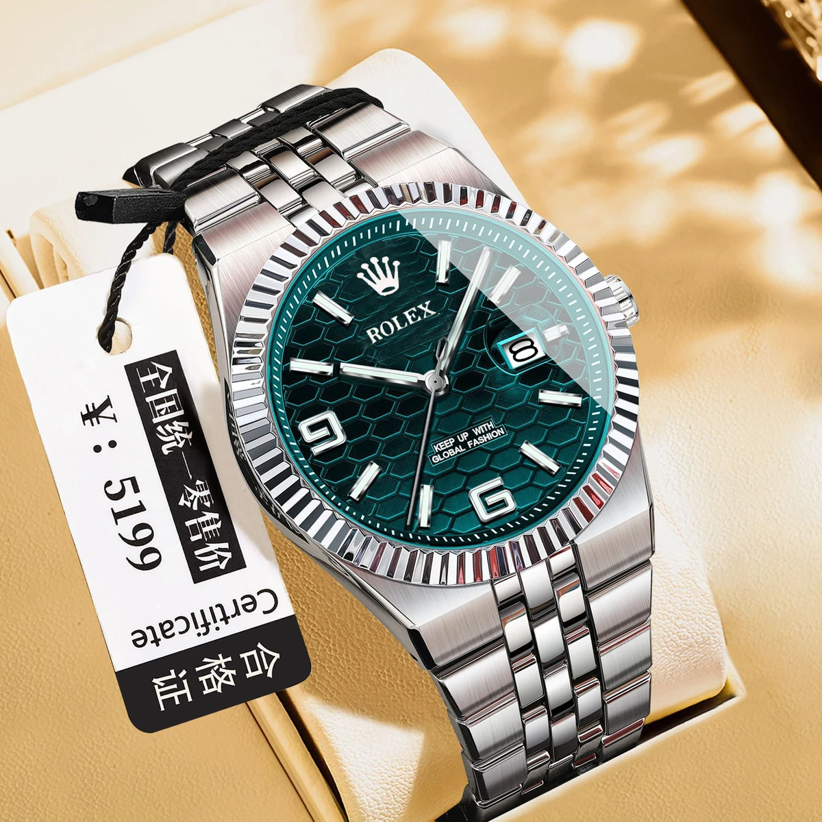 ROLE_X High Quality Original Men Clock Waterproof Luminous Date Luxury Man Watch Stainless Steel Quartz Men's Watches Male+Box- Green