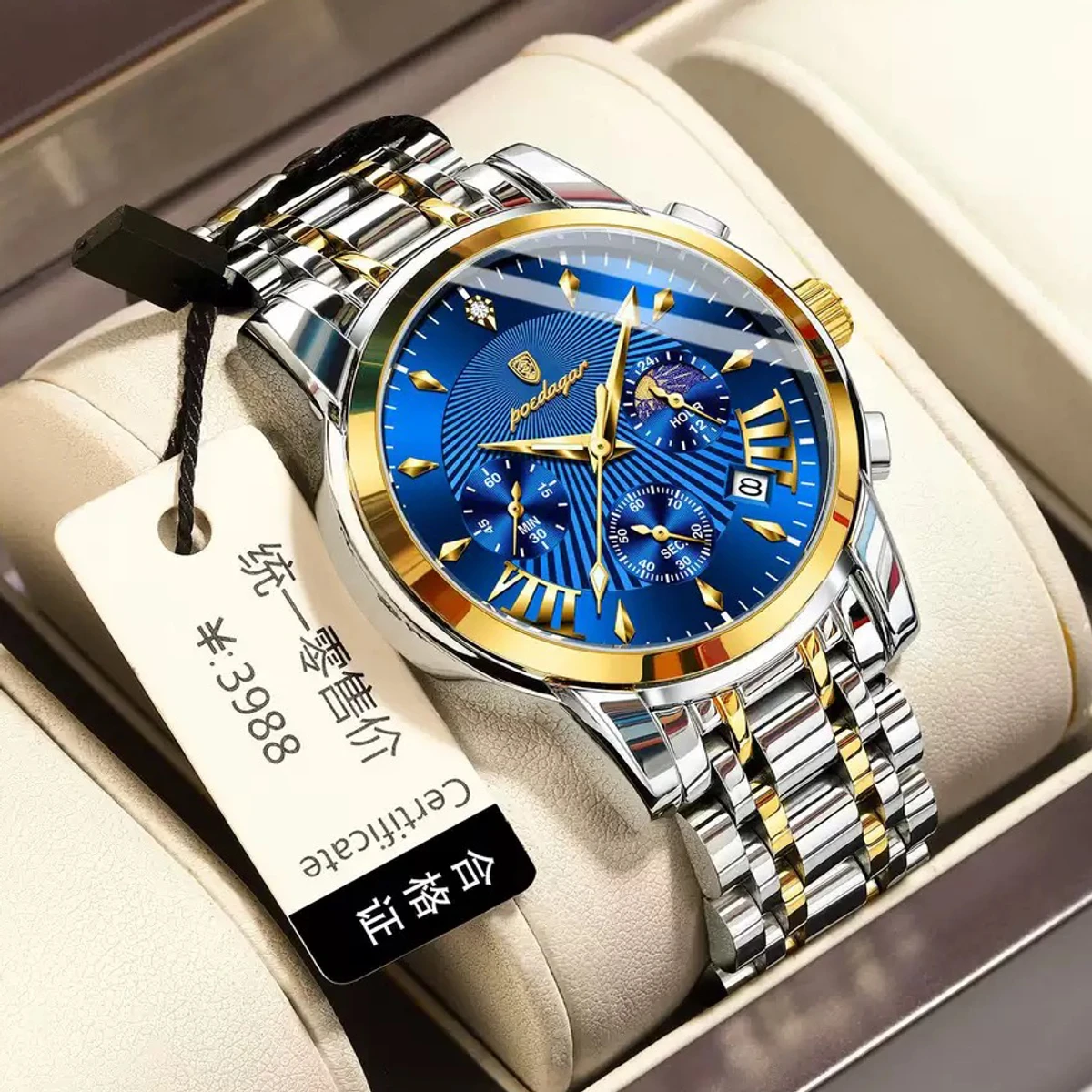 POEDAGAR 813 POEDAGAR Luxury Fashion Watch Men Waterproof Luminous Date non active Chronograph Watches Man Quartz Military Stainless Steel Men's Watches- Blue & Golden