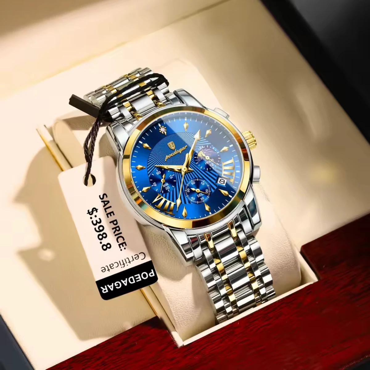 POEDAGAR 813 POEDAGAR Luxury Fashion Watch Men Waterproof Luminous Date non active Chronograph Watches Man Quartz Military Stainless Steel Men's Watches- Blue & Golden