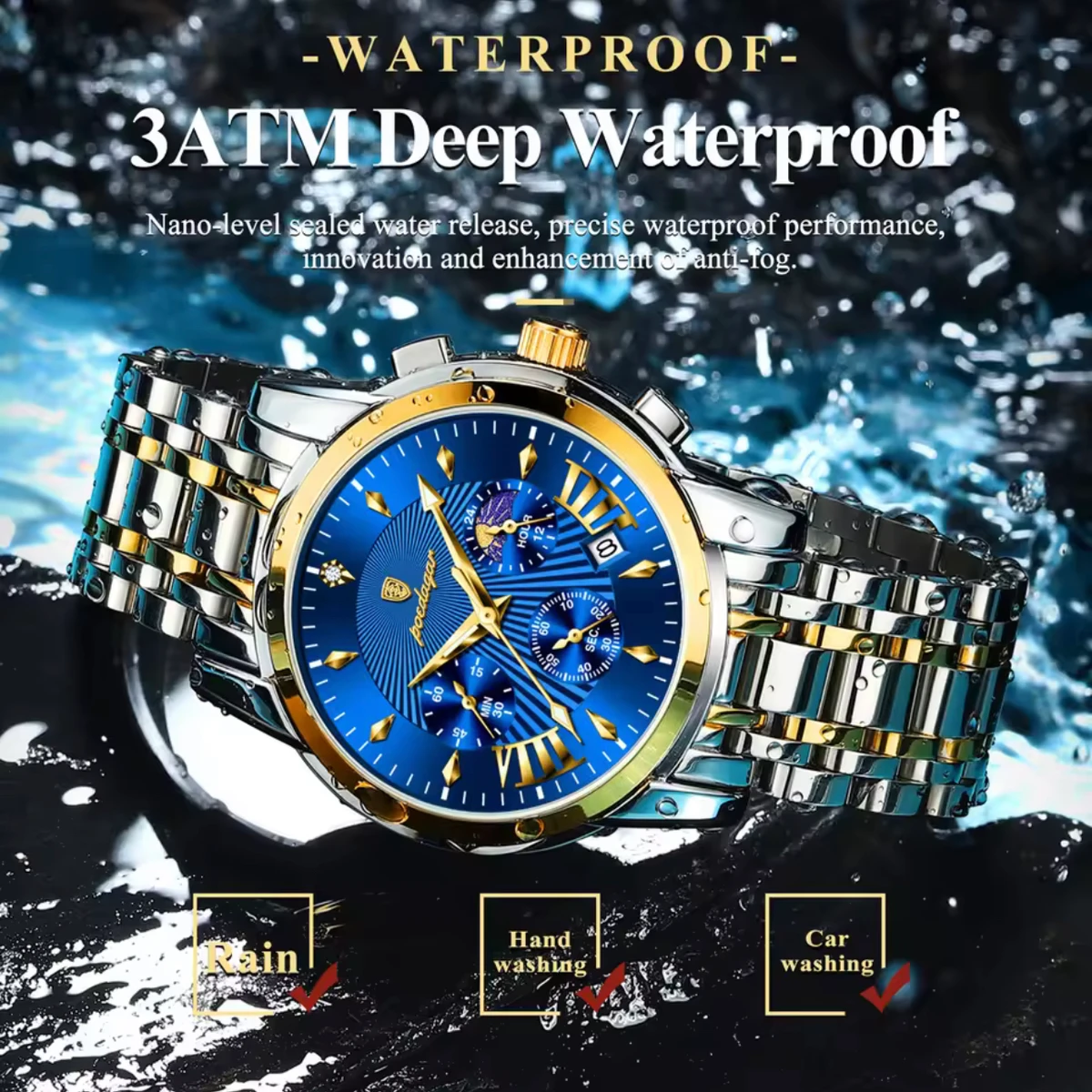 POEDAGAR 813 POEDAGAR Luxury Fashion Watch Men Waterproof Luminous Date non active Chronograph Watches Man Quartz Military Stainless Steel Men's Watches- Blue & Golden