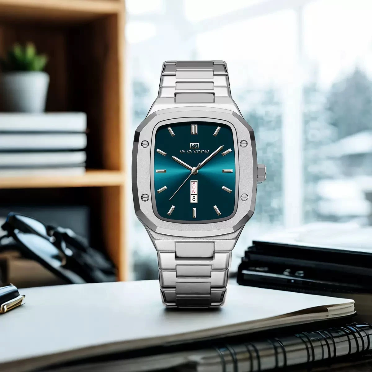 VAVA VOOM V0029 Men Watch High End Business Waterproof Creative Double Calendar High Quality Steel Strip Male Fashion Quartz Clock Watches - Silver & Blue