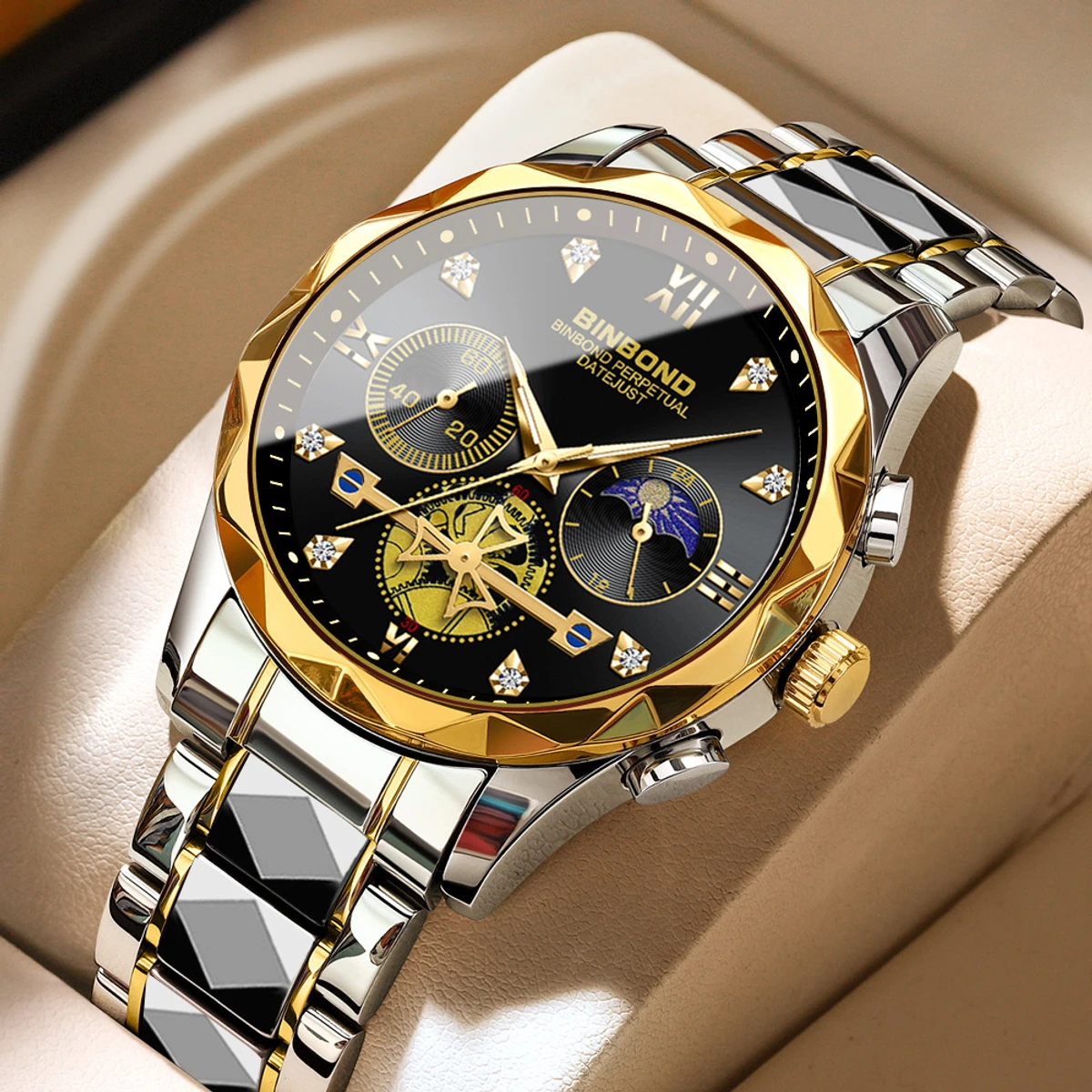 New Luxury Watch For Men Stainless Steel Waterproof Business Sport Wristwatches- Golden & Black