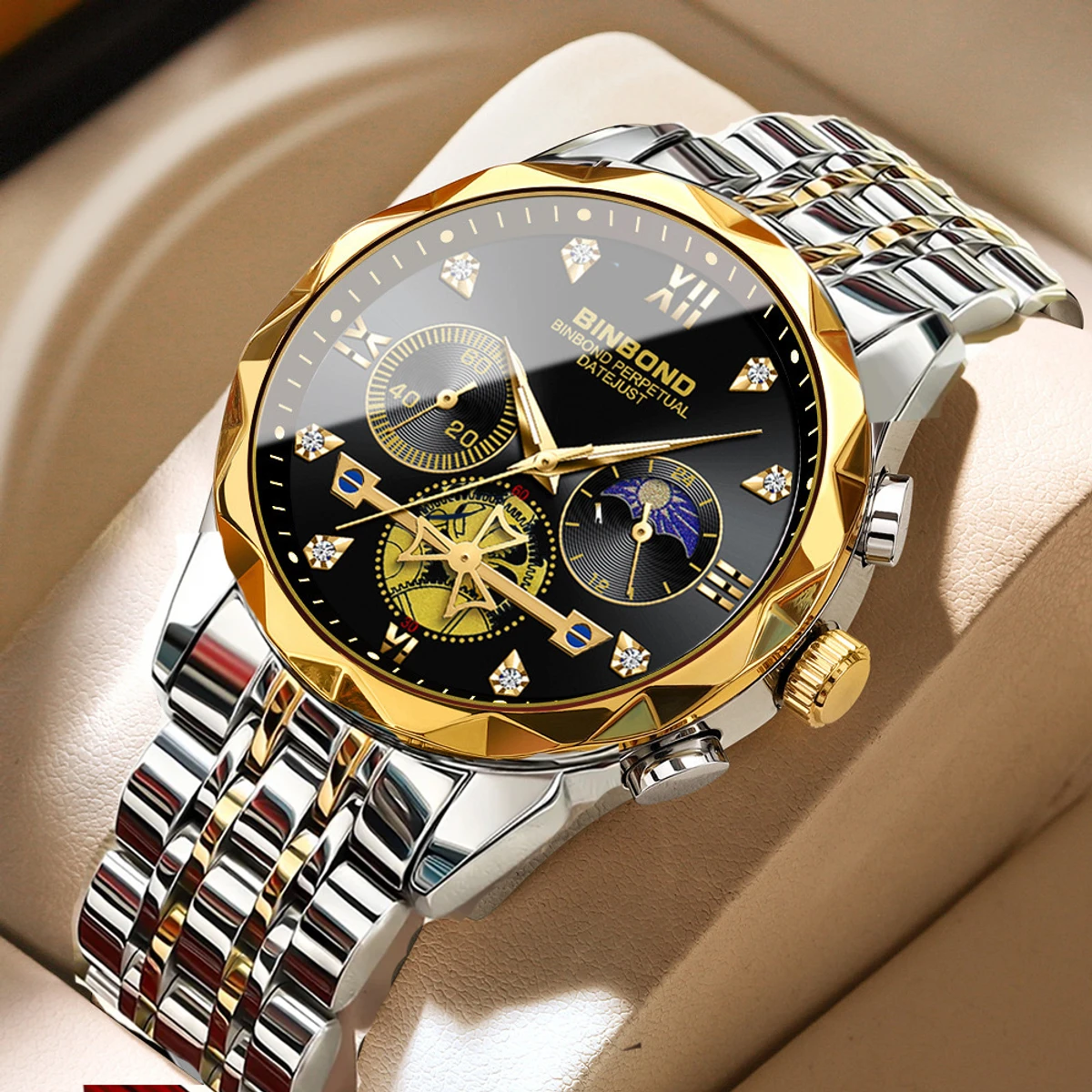 New Luxury Watch For Men Stainless Steel Waterproof Business Sport Wristwatches- Golden & Black