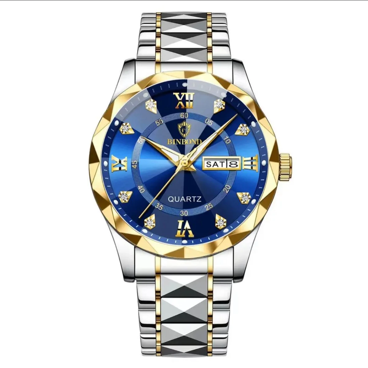 Luxury Binbond authentic men's watch waterproof night light dual calendar watch men's quartz watch diamond ceiling glass- Blue & Golden