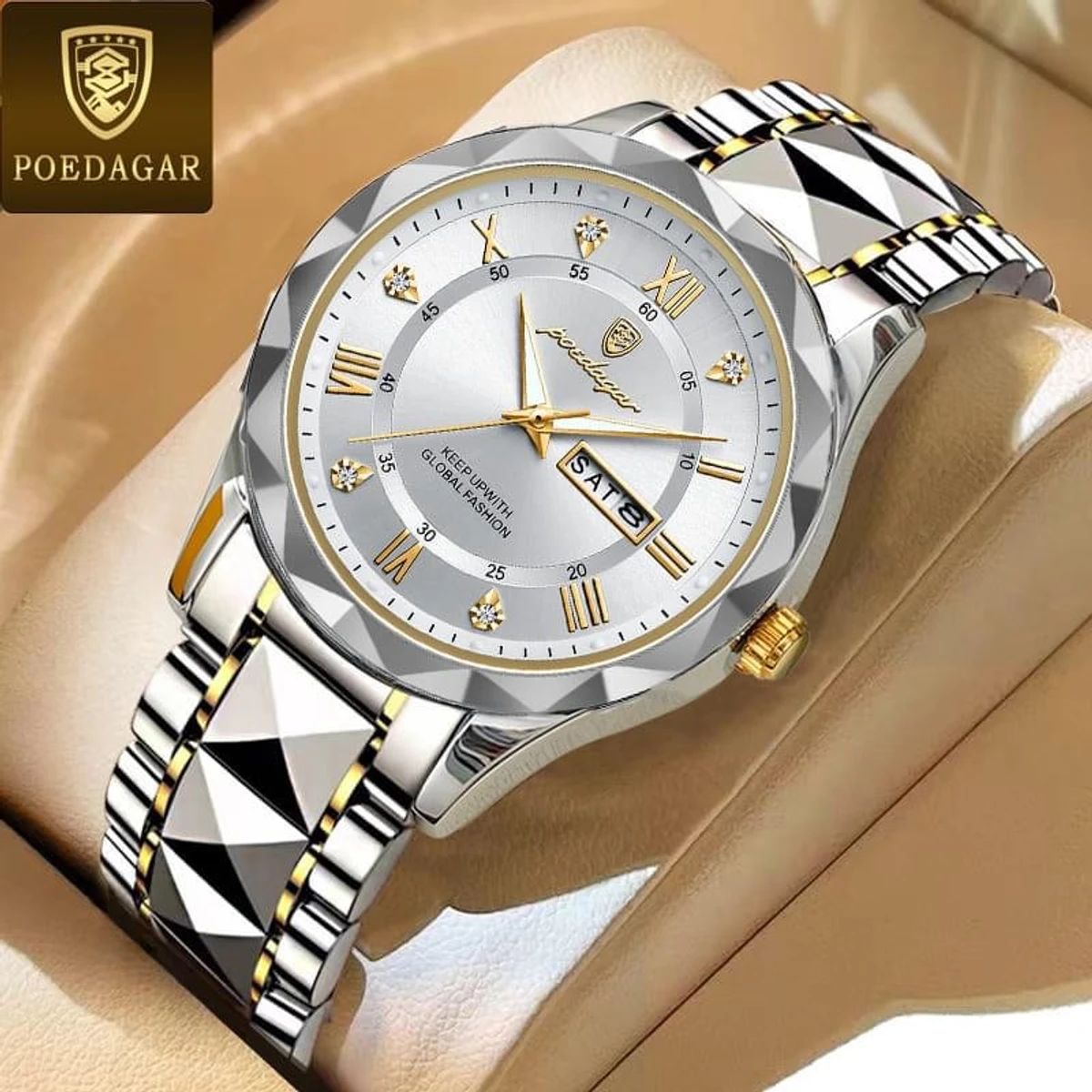 POEDAGAR Brand Fashion Mens Watch Luxury Top Business Stainless Steel Waterproof Wristwatches Male Sport Luminous Date Man Clock- White