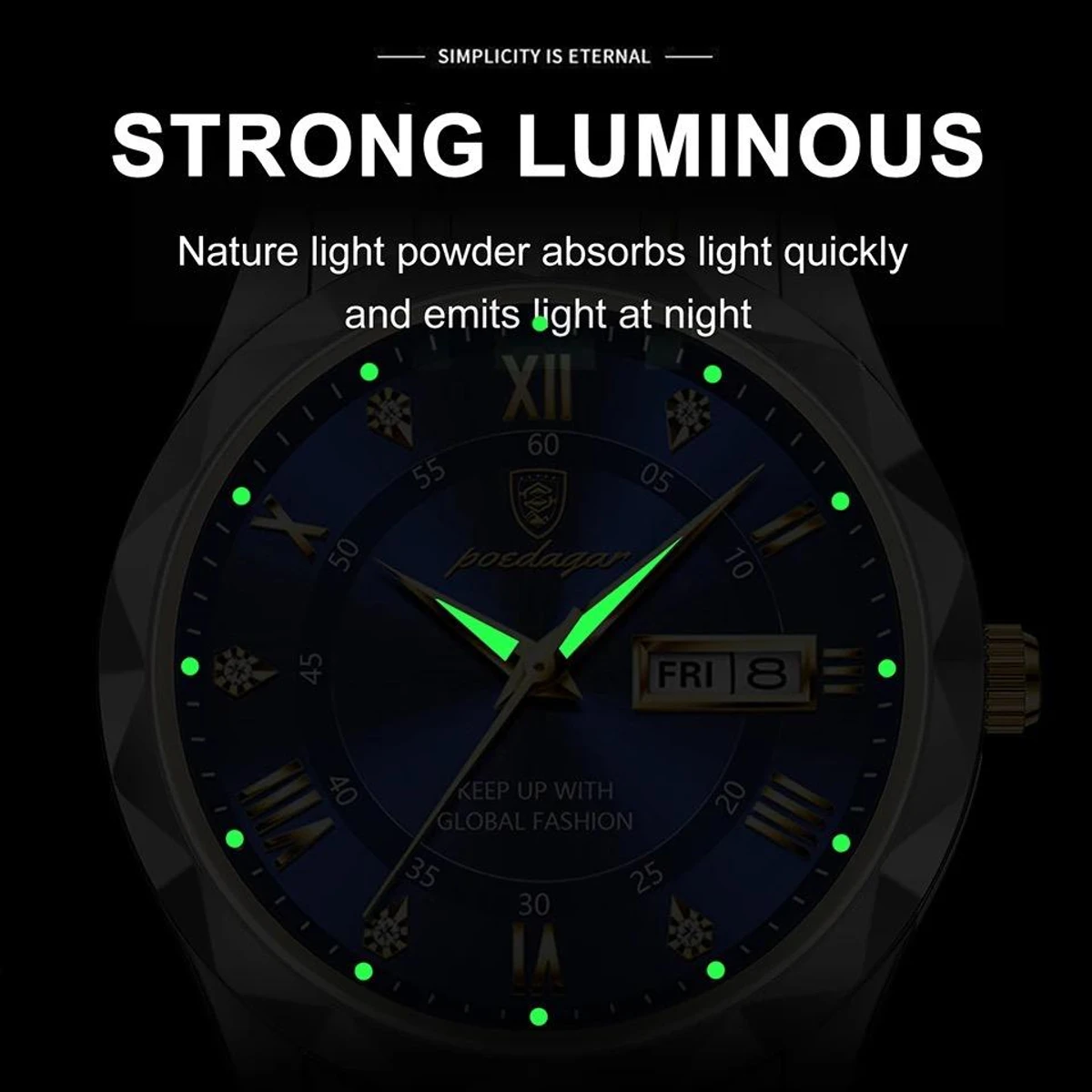 POEDAGAR Brand Fashion Mens Watch Luxury Top Business Stainless Steel Waterproof Wristwatches Male Sport Luminous Date Man Clock- Green