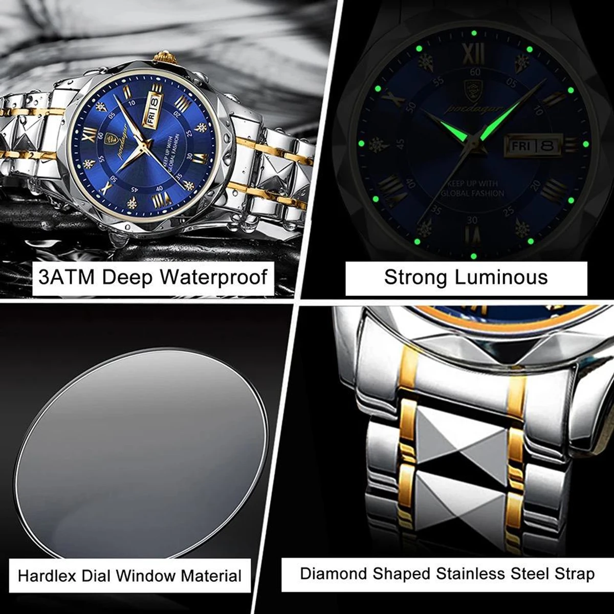POEDAGAR Brand Fashion Mens Watch Luxury Top Business Stainless Steel Waterproof Wristwatches Male Sport Luminous Date Man Clock- Blue