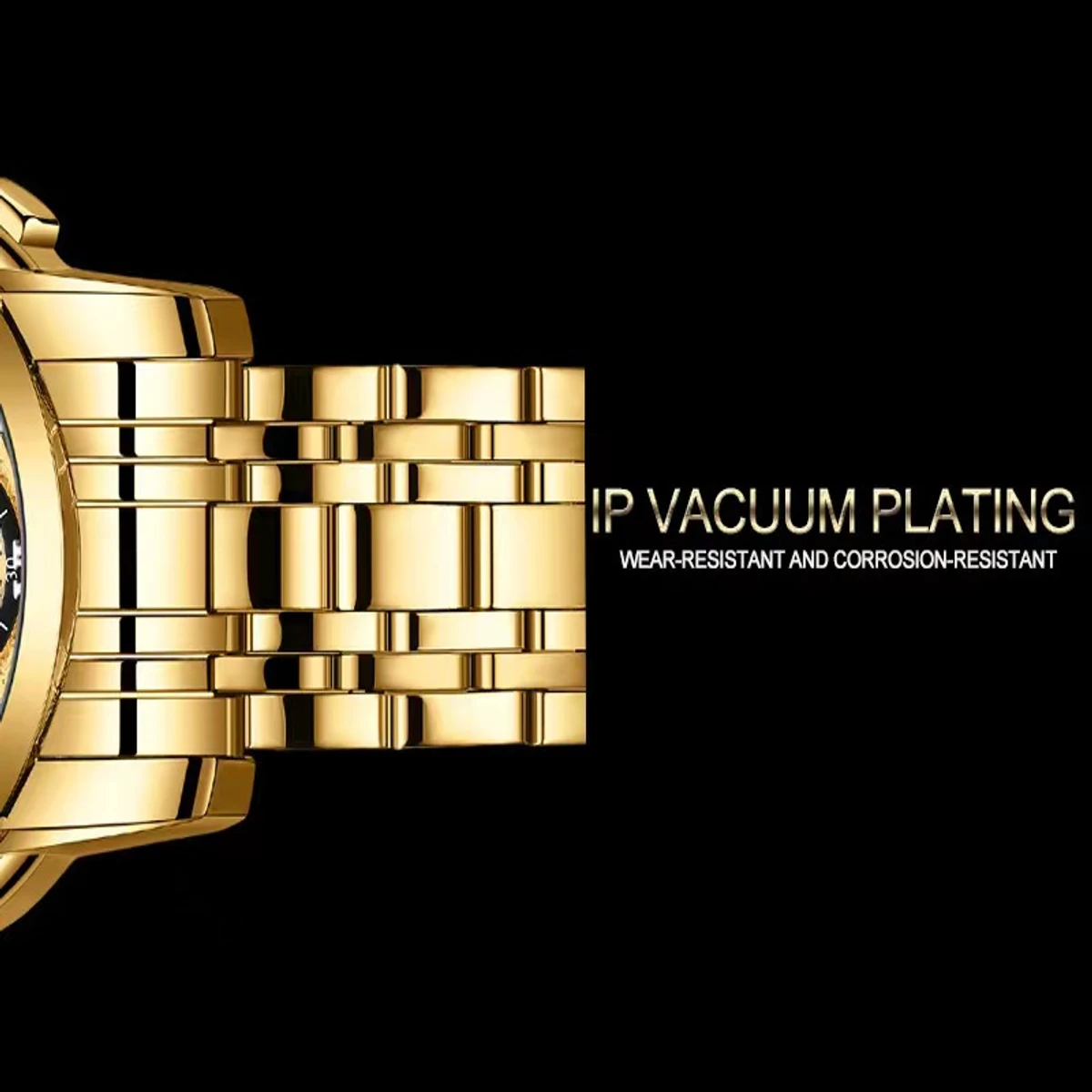 100% Original Fashion Luxury Stainless Business Waterproof Gold Watch For Men Hollow Quartz Luminous Calendar- Golden