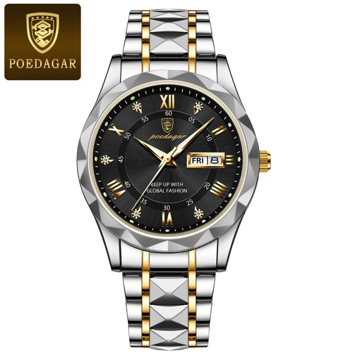 POEDAGAR Brand Fashion Mens Watch Luxury Top Business Stainless Steel Waterproof Wristwatches Male Sport Luminous Date Man Clock- Silver & Black
