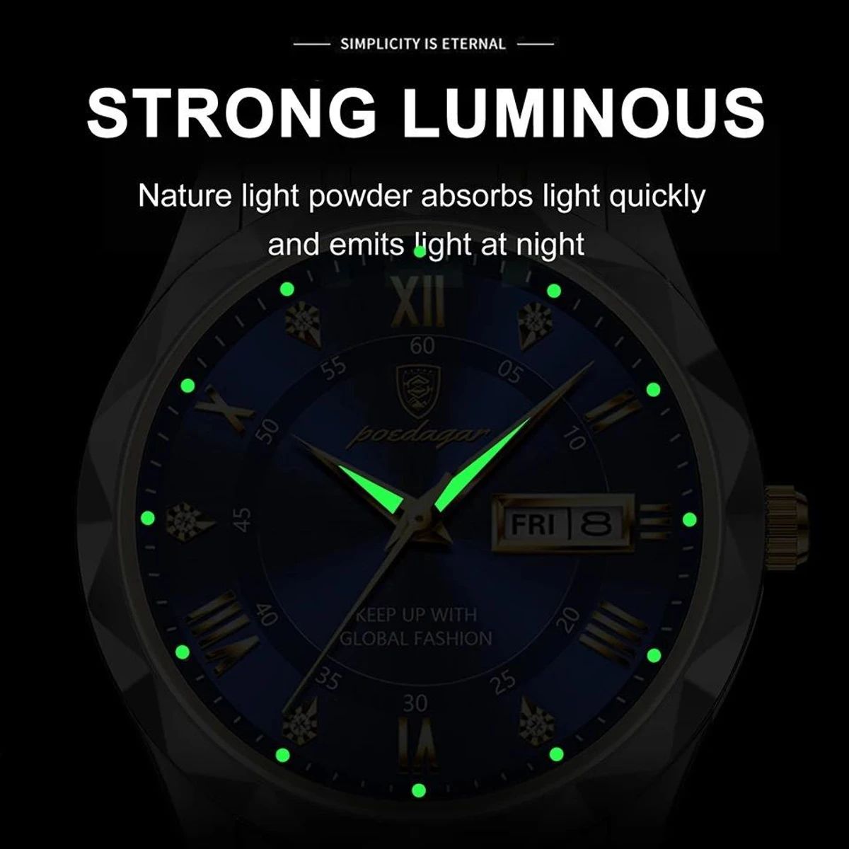 POEDAGAR Brand Fashion Mens Watch Luxury Top Business Stainless Steel Waterproof Wristwatches Male Sport Luminous Date Man Clock- Black