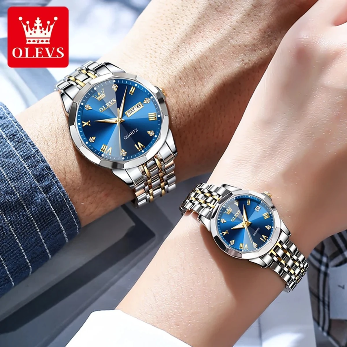 2023 New Luxury OLEVS Watch for Men Stainless Steel Waterproof Watches Combo- BLUE