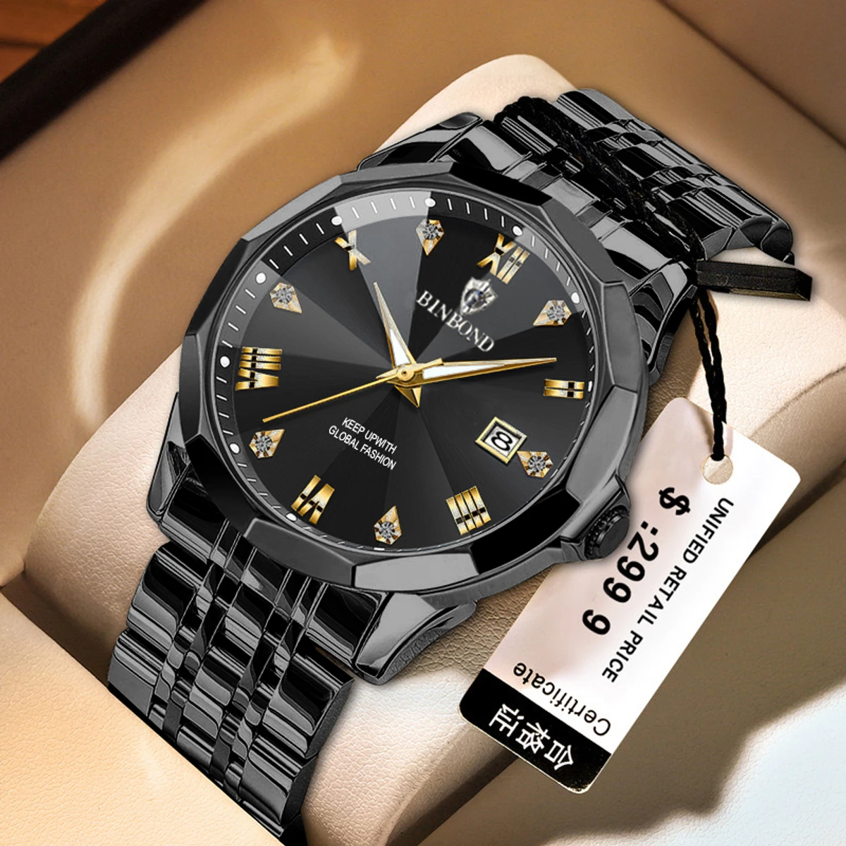 Binbond New Fashion Quartz Watch For Men Stainless Steel Waterproof Luminous Date Mens Watches Top Brand Luxury Clock- Black
