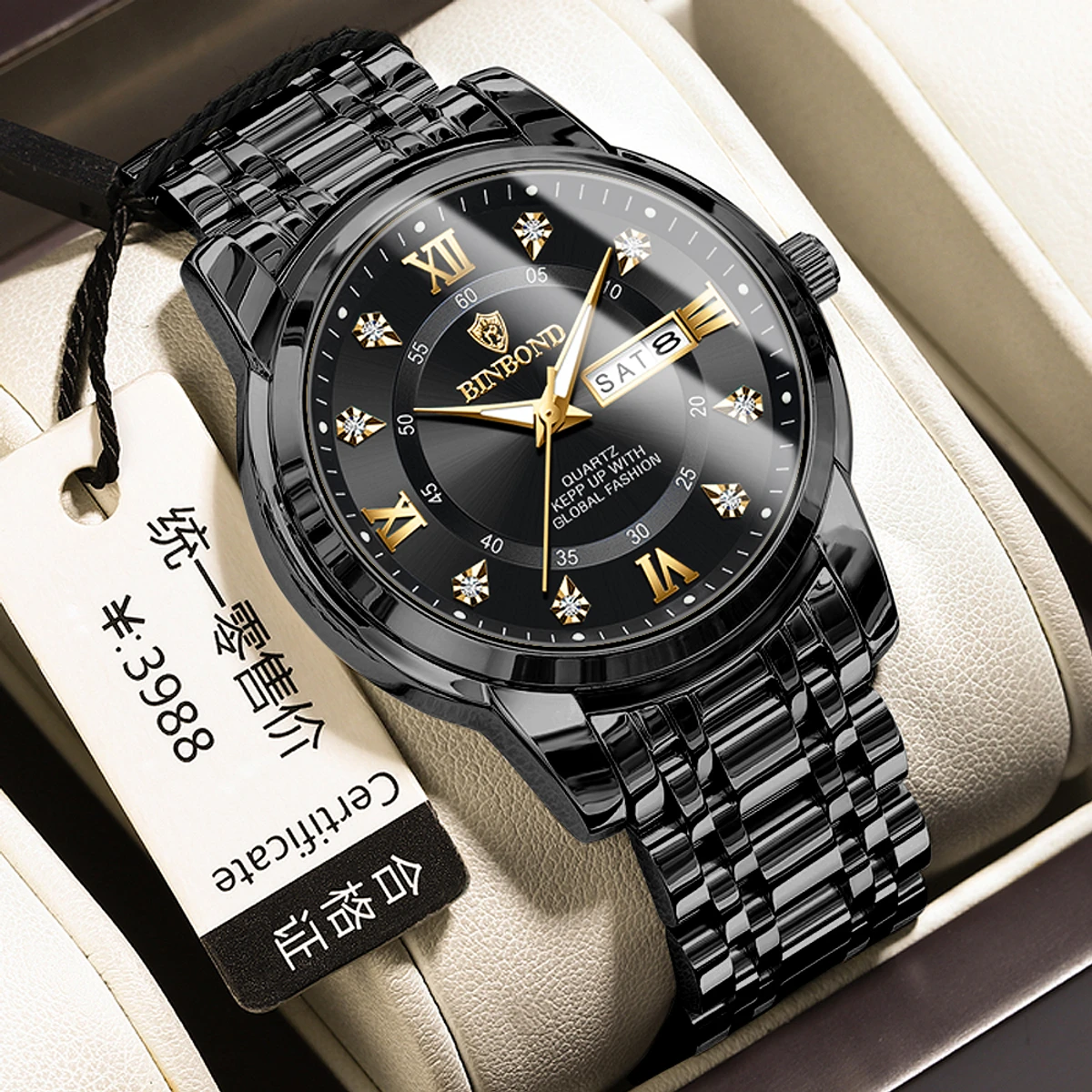Binbond Luxury Watch for Man Elegant Date Week Waterproof Luminous Men Watch Quartz Stainless Steel Sports Men's Watches- Black