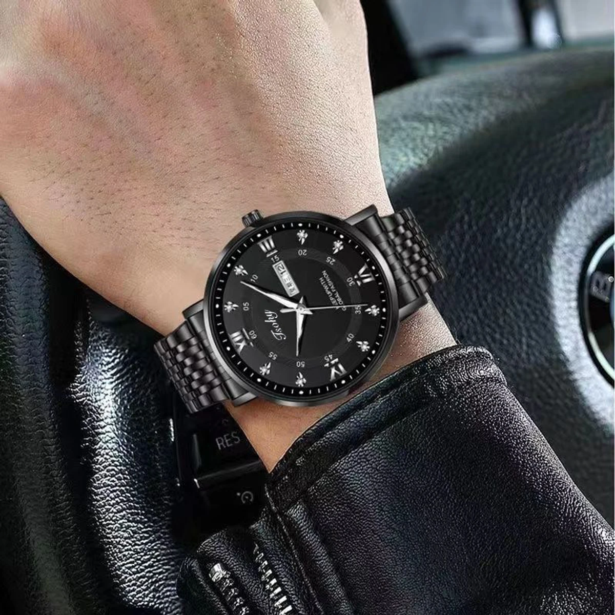 Luxury ISOHY authentic men's watch waterproof night light dual calendar watch men's quartz watch ceiling glass- Black