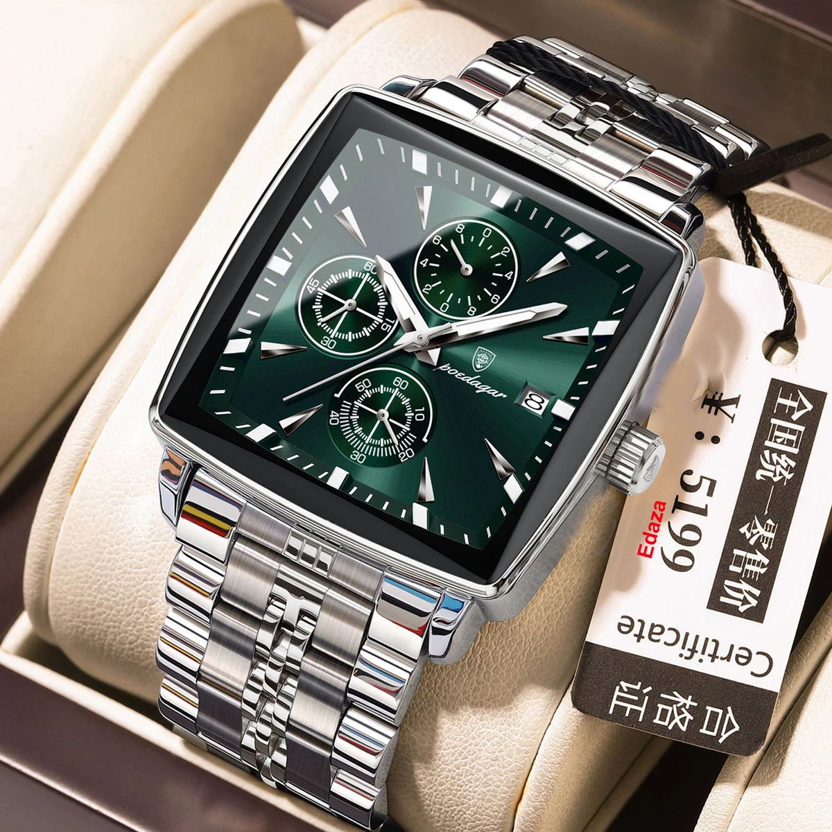 POEDAGAR 866 Luxury Business Man Wristwatch Non active Chronograph Waterproof Luminous Calendar Watch For Men Square Quartz Men's Watches - Green
