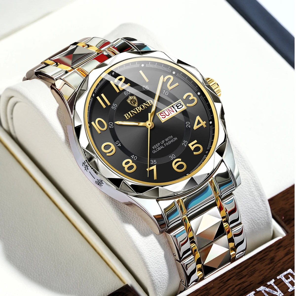 BINBOND Top Brand Luxury Man Wristwatch Waterproof Luminous Date Week Men Watches Stainless Steel Quartz Men's Watch Male - Black & Silver
