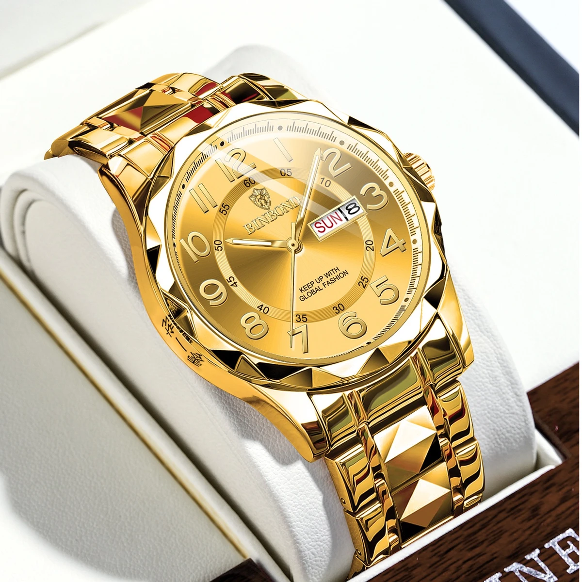 BINBOND Top Brand Luxury Man Wristwatch Waterproof Luminous Date Week Men Watches Stainless Steel Quartz Men's Watch Male - Golden