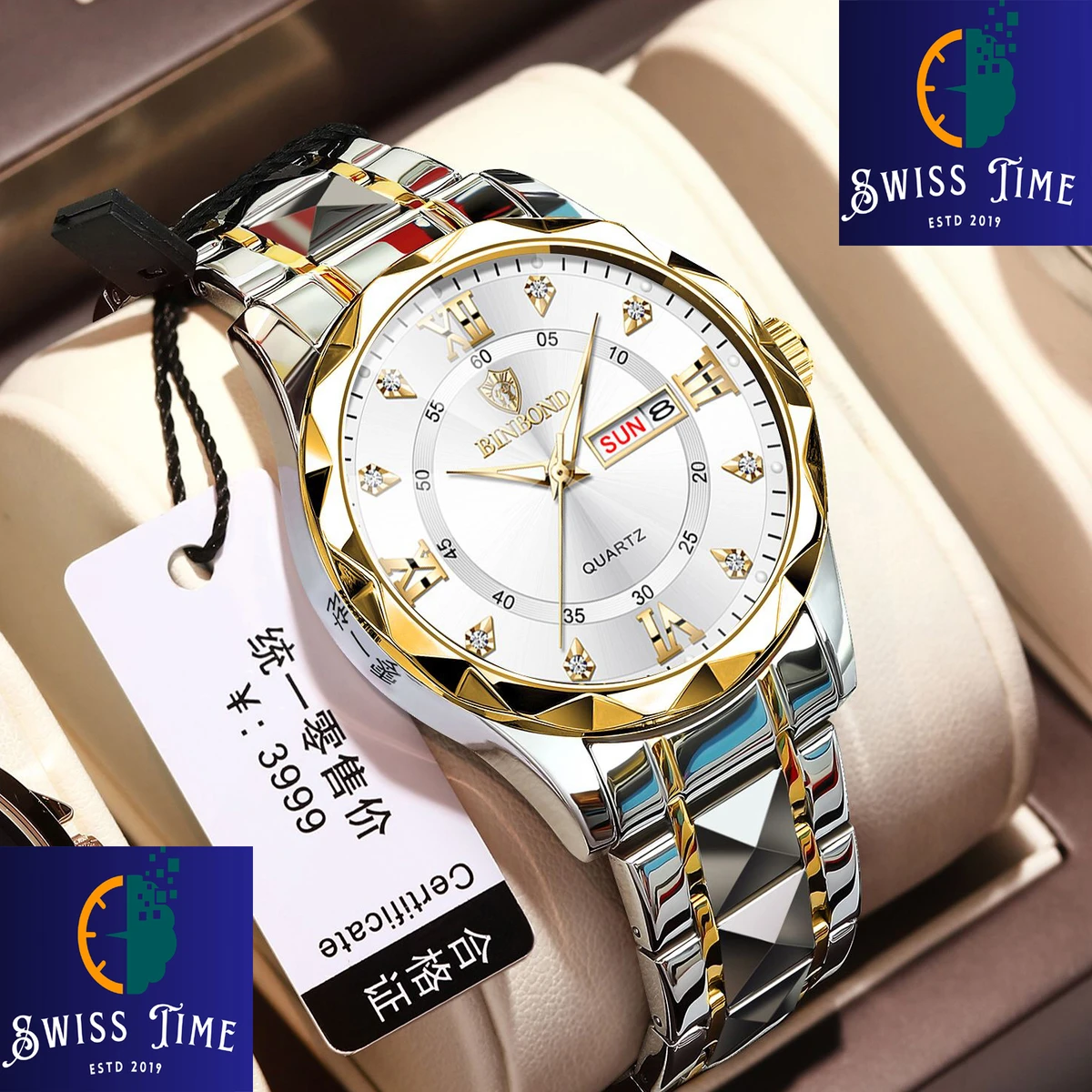 Luxury Binbond authentic men's watch waterproof night light dual calendar watch men's quartz watch diamond ceiling glass- Silver & Golden