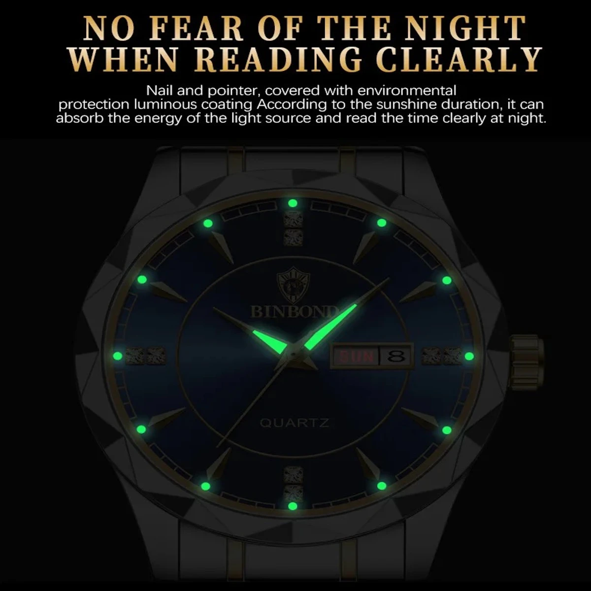 Binbond Luxury Men Watches Business Top Brand Man Wristwatch Waterproof Luminous Date Week Quartz Men's Watch High Quality+Box- Black & Golden