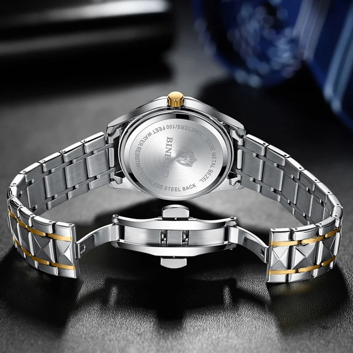 Binbond Luxury Men Watches Business Top Brand Man Wristwatch Waterproof Luminous Date Week Quartz Men's Watch High Quality + Box- Golden
