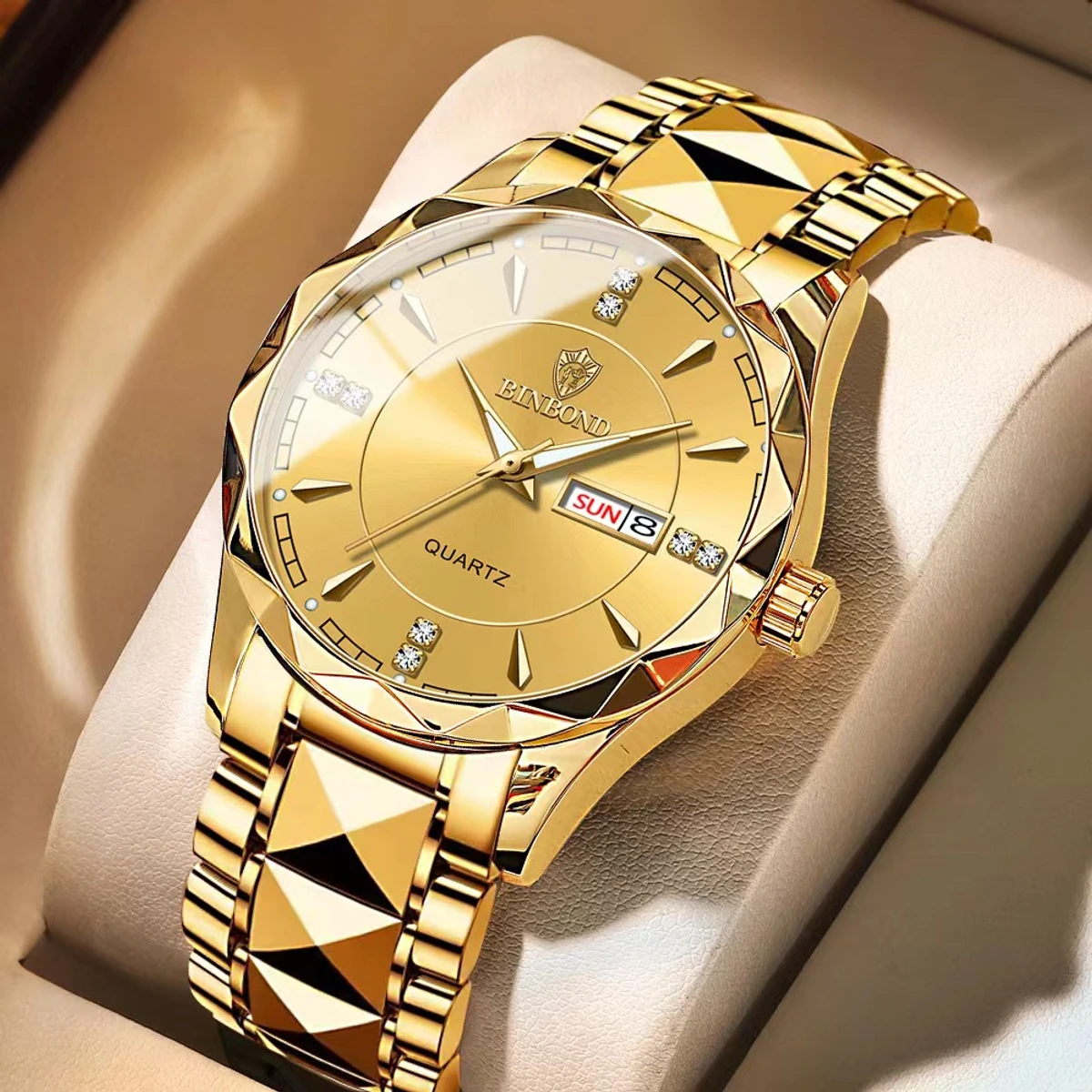 Binbond Luxury Men Watches Business Top Brand Man Wristwatch Waterproof Luminous Date Week Quartz Men's Watch High Quality + Box- Golden