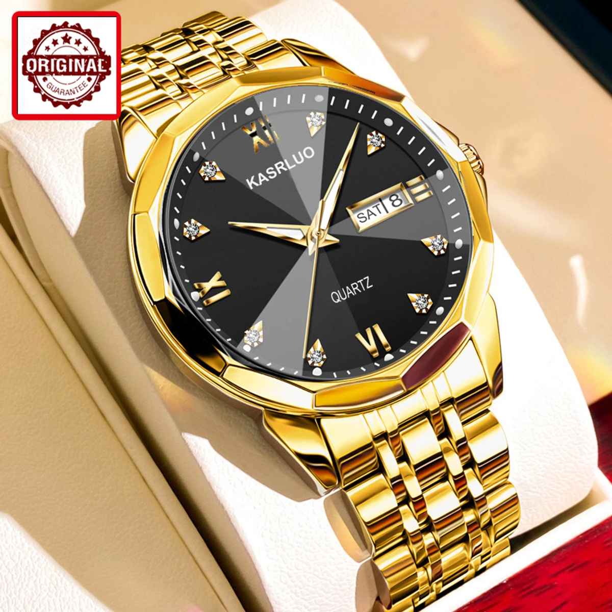 KASRLUO New Fashion Quartz Watch for Men Stainless Steel Waterproof Luminous Date Mens Watches Top Brand Luxury Clock- Golden & Black