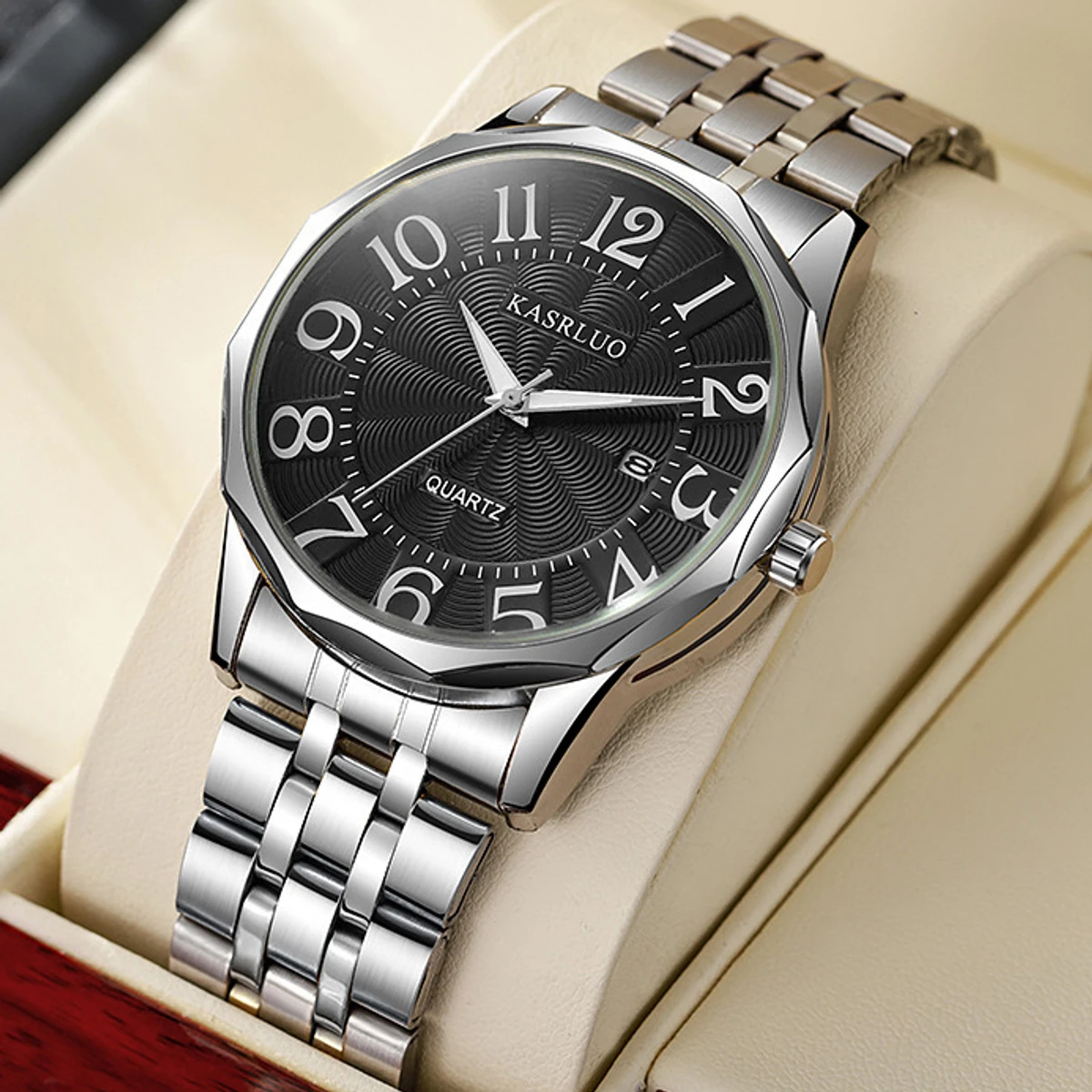 KASRLUO Popular New Fashion Quartz Watch for Men Stainless Steel Waterproof Luminous Date Mens Watches Top Brand Luxury Clock- Silver & Black