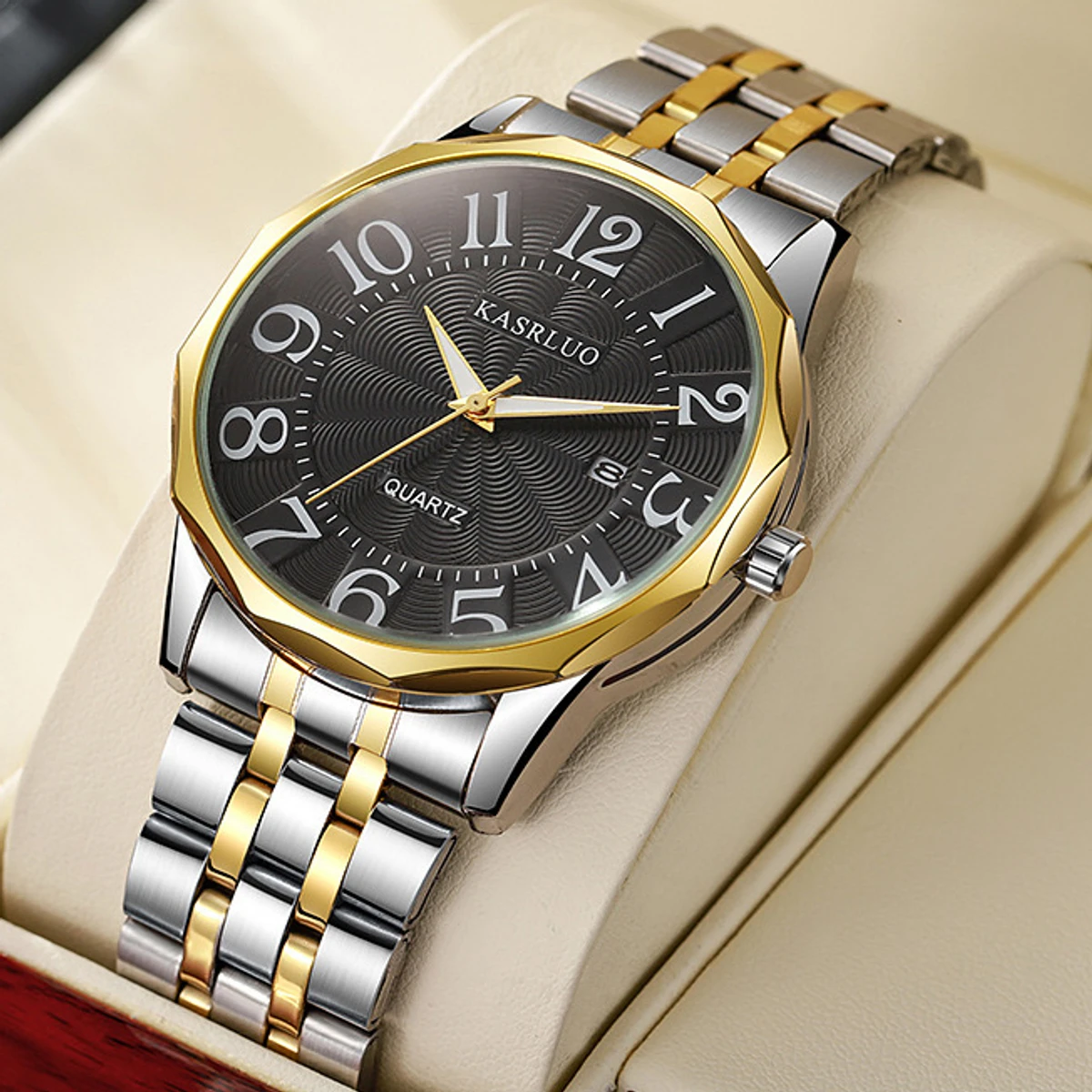 KASRLUO Popular New Fashion Quartz Watch for Men Stainless Steel Waterproof Luminous Date Mens Watches Top Brand Luxury Clock- Golden & Black