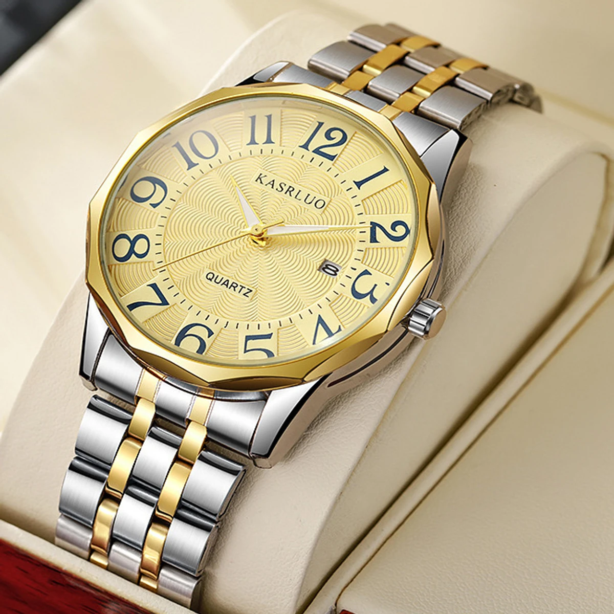 KASRLUO Popular New Fashion Quartz Watch for Men Stainless Steel Waterproof Luminous Date Mens Watches Top Brand Luxury Clock- Golden & Silver