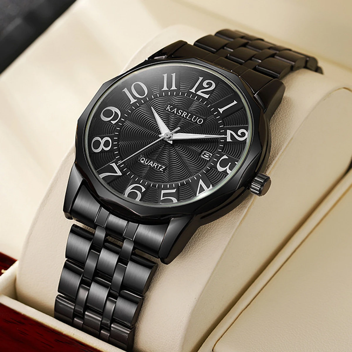 KASRLUO Popular New Fashion Quartz Watch for Men Stainless Steel Waterproof Luminous Date Mens Watches Top Brand Luxury Clock- Black