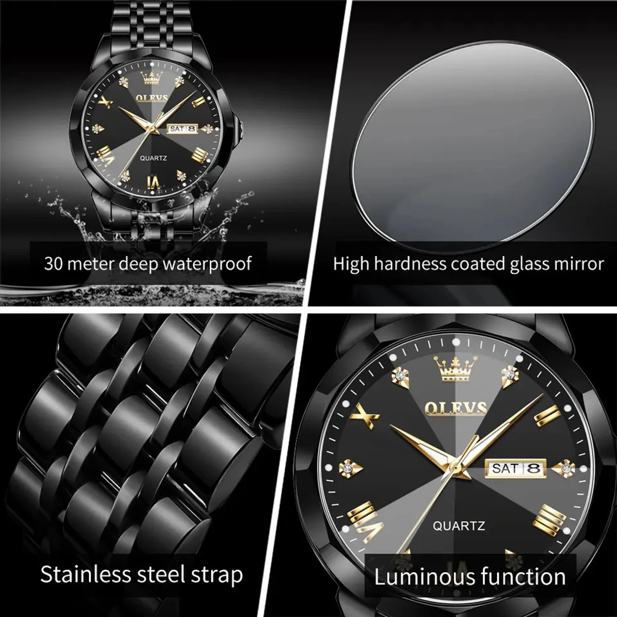 2024 New Luxury OLEVS Watch for Men Stainless Steel Waterproof Watches - Black