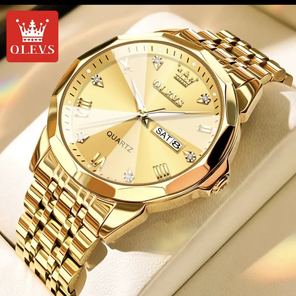 OLEVS 9931 Quartz Watch For Men Rhombus Mirror Stainless Steel Waterproof Date Week Clock Simplicity Luxury Men's Wristwatch - Golden