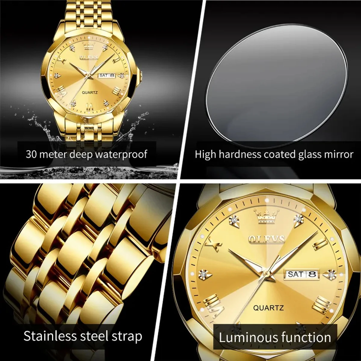 OLEVS 9931 Quartz Watch For Men Rhombus Mirror Stainless Steel Waterproof Date Week Clock Simplicity Luxury Men's Wristwatch - Golden