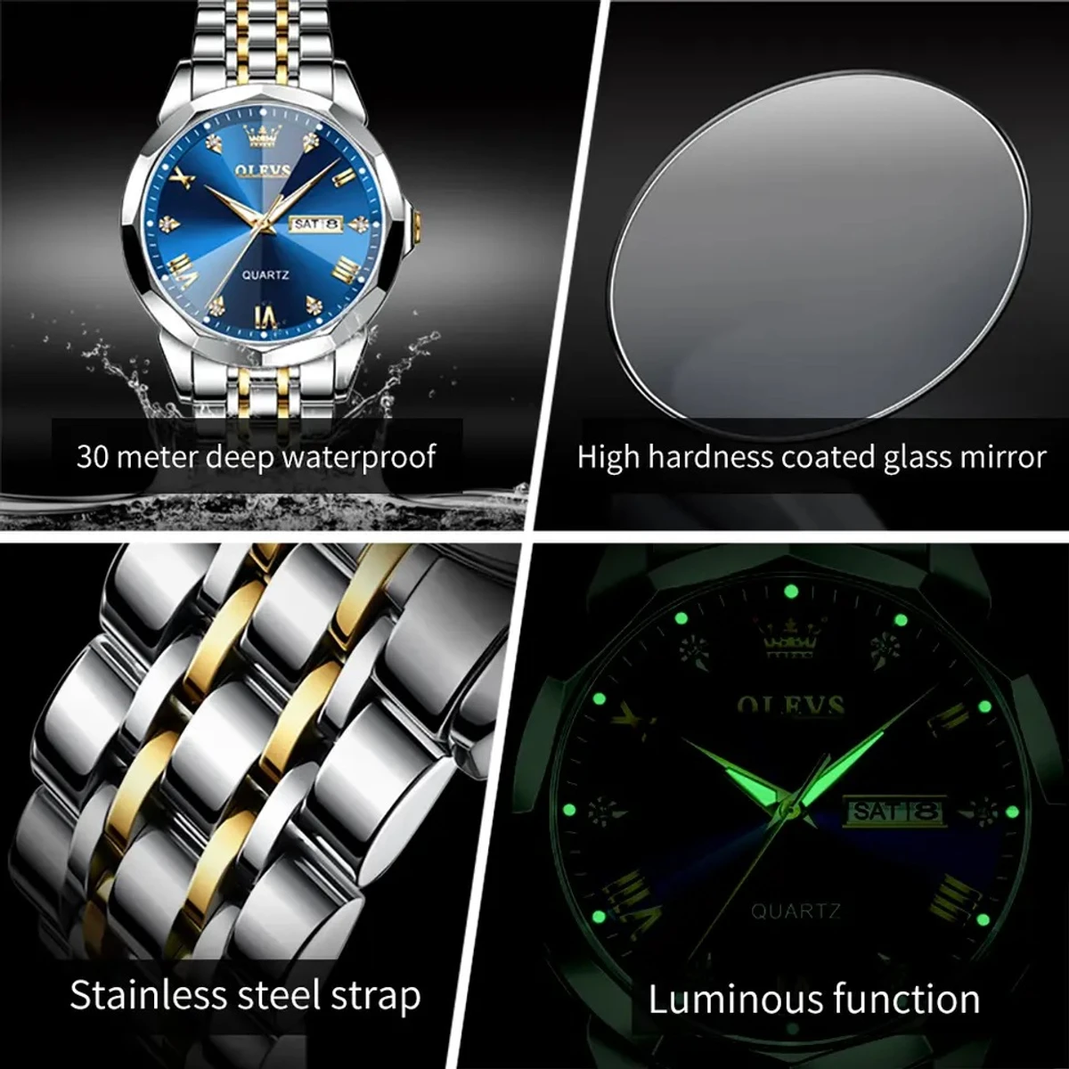 2024 New Luxury OLEVS Watch for Men Stainless Steel Waterproof Watches - Blue