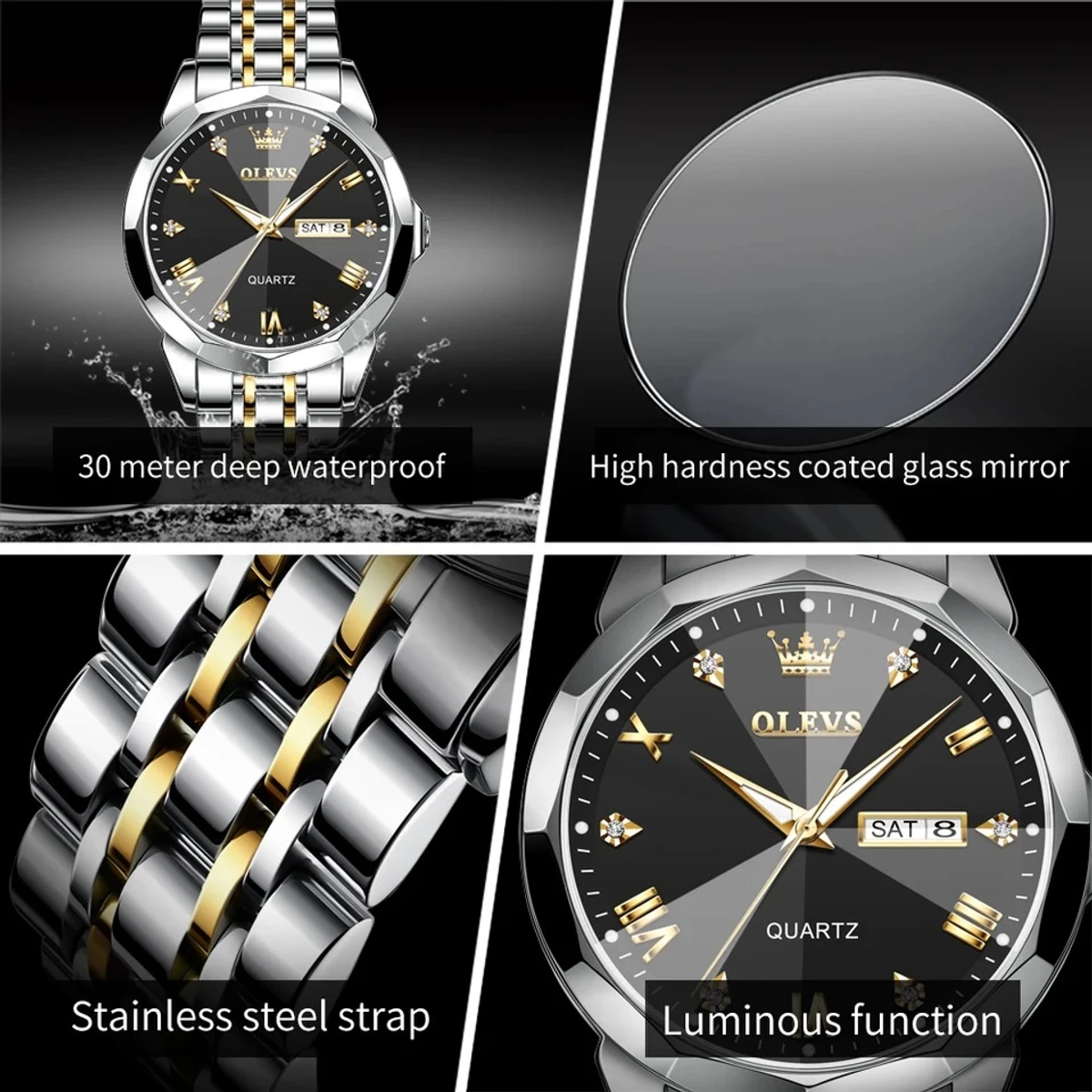 Combo Couple watch 2 pcs 2024 New Luxury OLEVS MODEL 9931 Watch for Men Stainless Steel Waterproof Watches UNISEX- Silver & Black