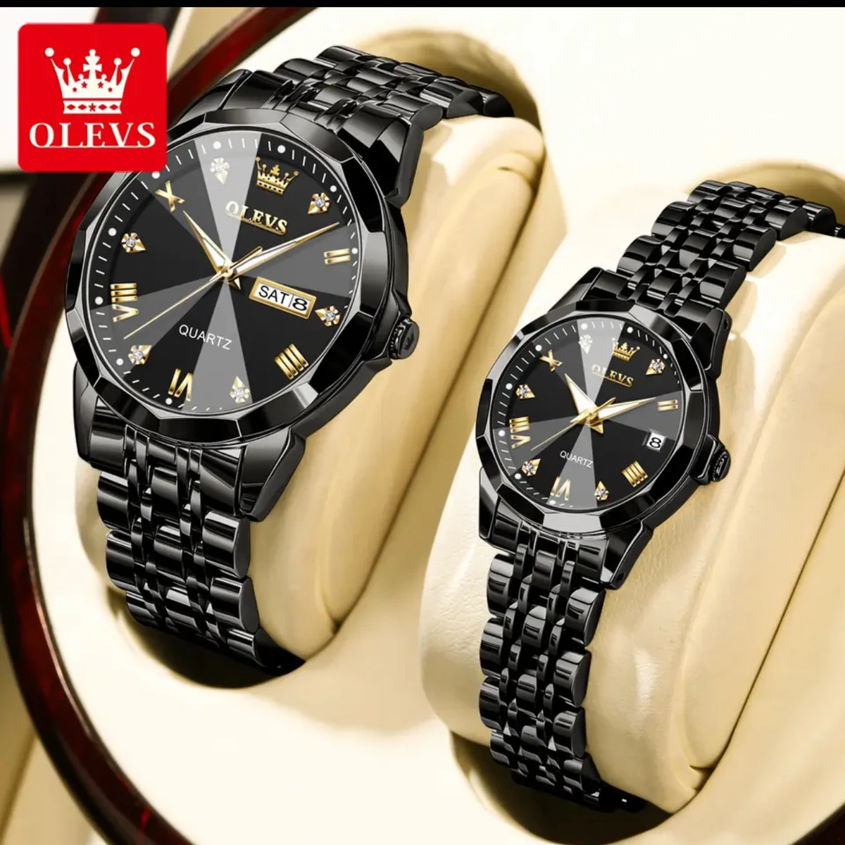 Combo Couple watch 2 pcs 2025 New Luxury OLEVS MODEL 9931 Watch for Men Stainless Steel Waterproof Watches UNISEX-  Black