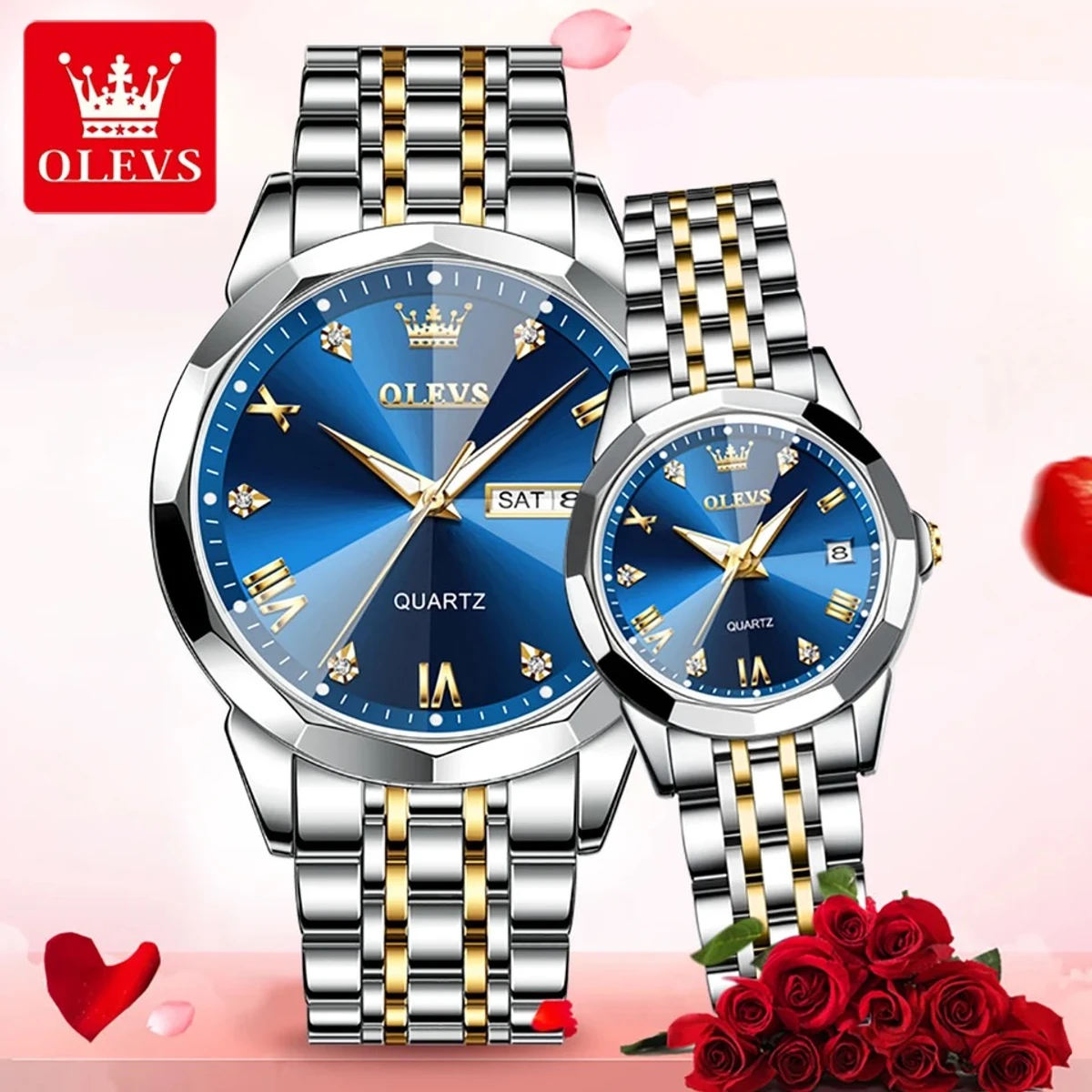 Combo Couple watch 2 pcs 2024 New Luxury OLEVS MODEL 9931 Watch for Men Stainless Steel Waterproof Watches UNISEX- Blue