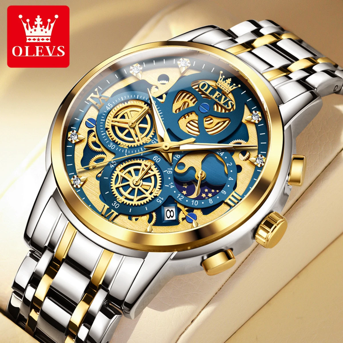 OLEVS Top Quartz Men's Brand Watch Luxury Watch   Style Men's Watch- SIlver Blue