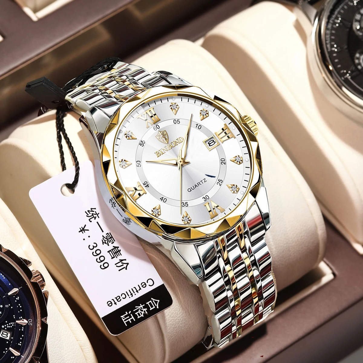Luxury Binbond authentic men's watch waterproof night light calendar watch men's quartz watch ceiling glass- Silver & Golden