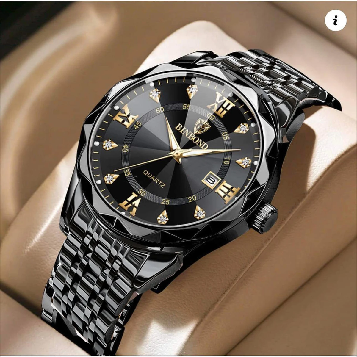 Luxury Binbond authentic men's watch waterproof night light calendar watch men's quartz watch ceiling glass-Black